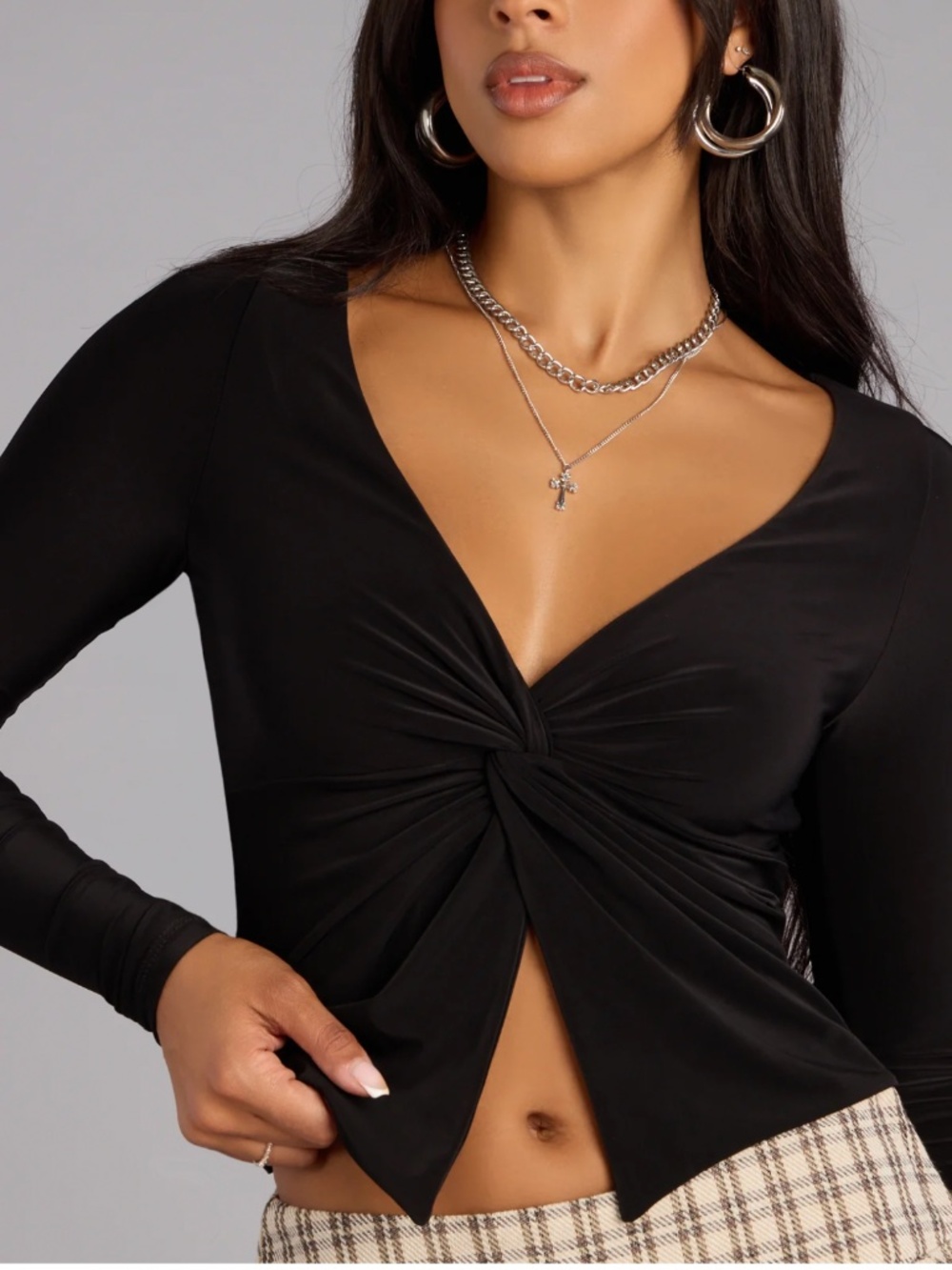 Black Twist Front Long Sleeve Top